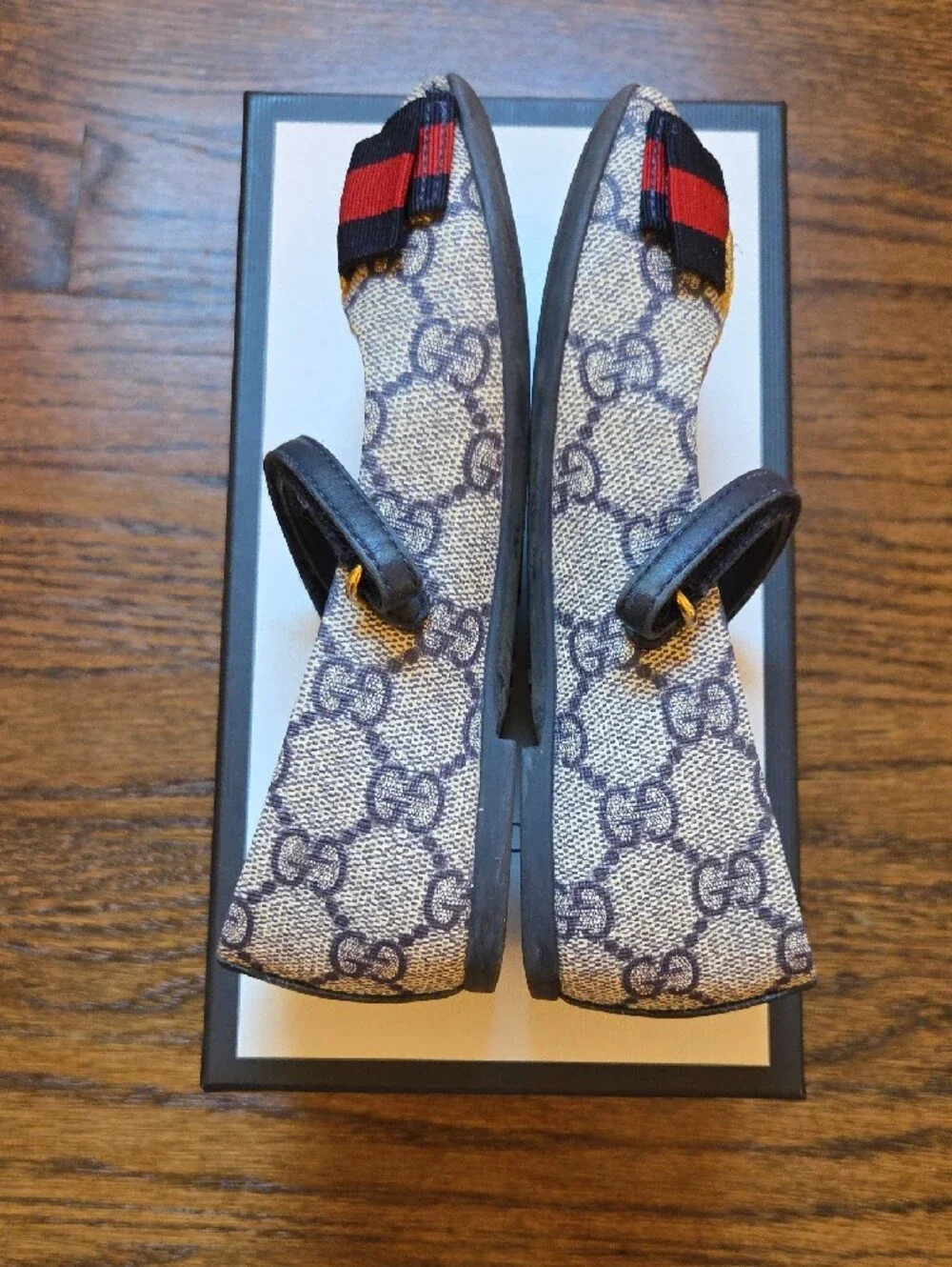Gucci Beige GG Supreme Mary Jane with Gold Heart and Red-Blue Bow